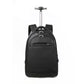 Black rolling backpack with telescoping trolley handle and front zip pocket.