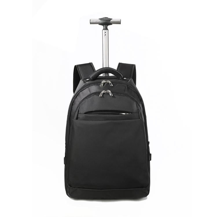 Black rolling backpack with telescoping trolley handle and front zip pocket.
