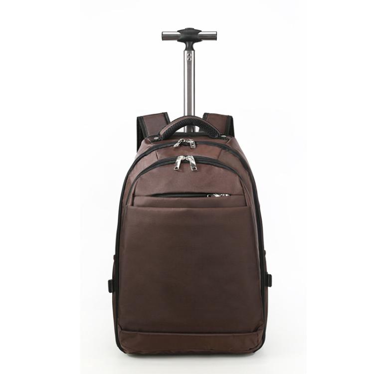 Brown rolling backpack with telescoping trolley handle and front zip pocket.