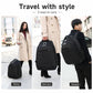 Black rolling backpack shown in roller, hand-carry, and backpack carry with trolley handle.