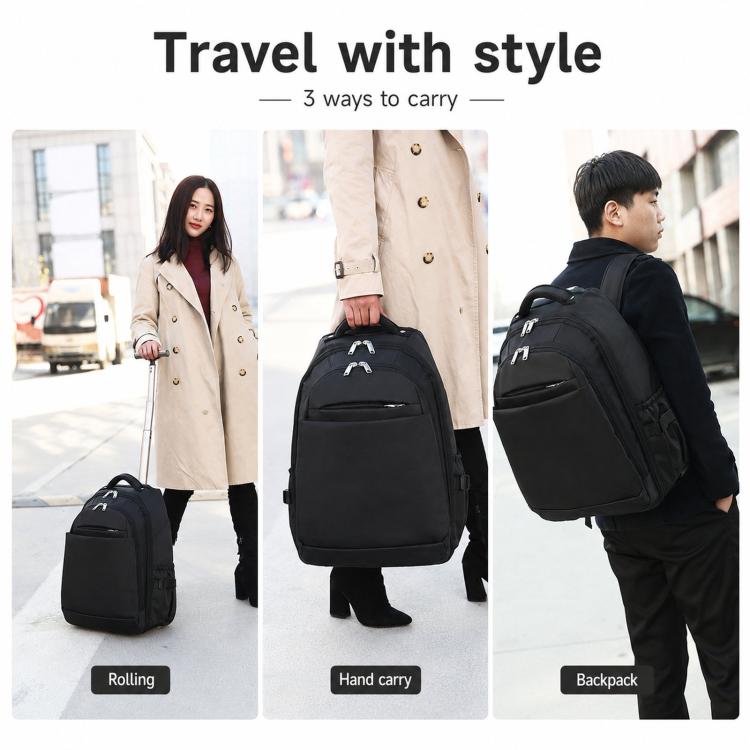 Black rolling backpack shown in roller, hand-carry, and backpack carry with trolley handle.