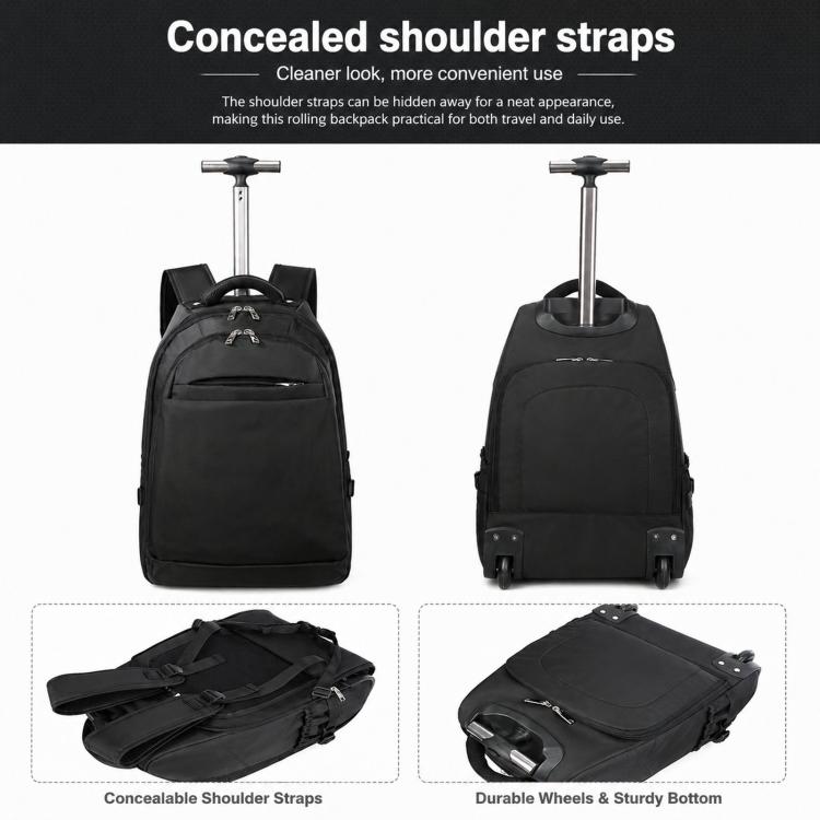 Black rolling backpack with concealed shoulder straps and telescoping trolley handle.