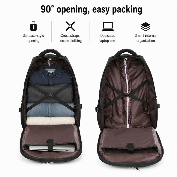 Black rolling backpack with 90-degree opening and visible interior compartments.