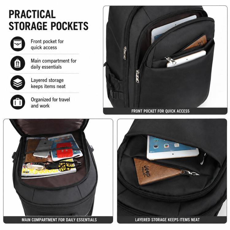 Black rolling backpack with front quick-access pocket and layered interior storage.