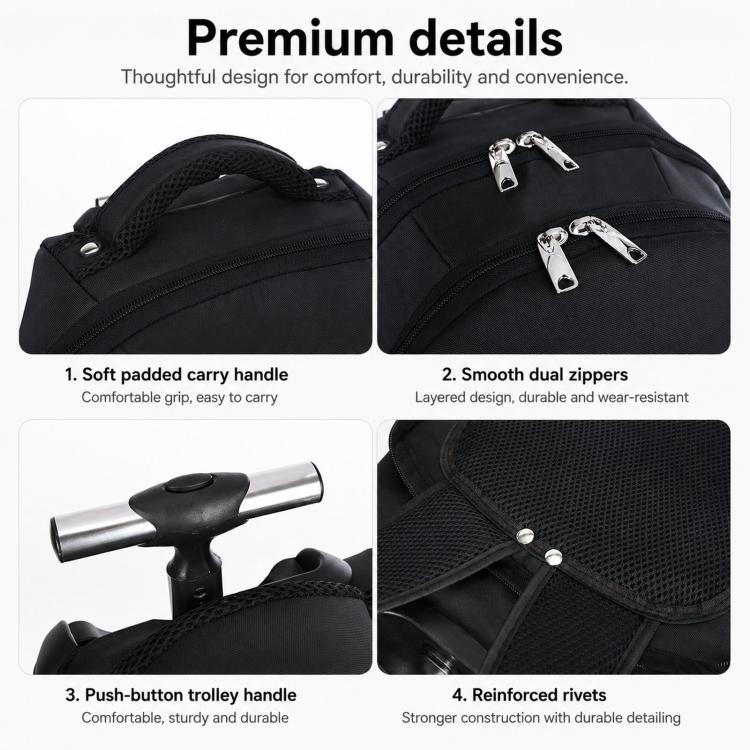 Black rolling backpack with padded carry handle, smooth dual zippers, and reinforced rivets.