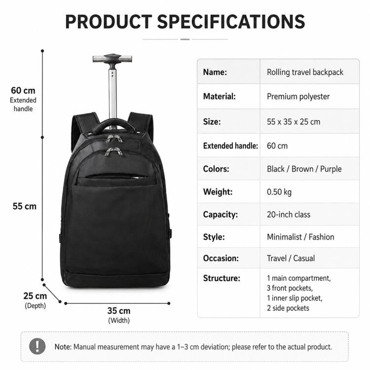 Black rolling travel backpack with telescoping trolley handle and front zip compartment.