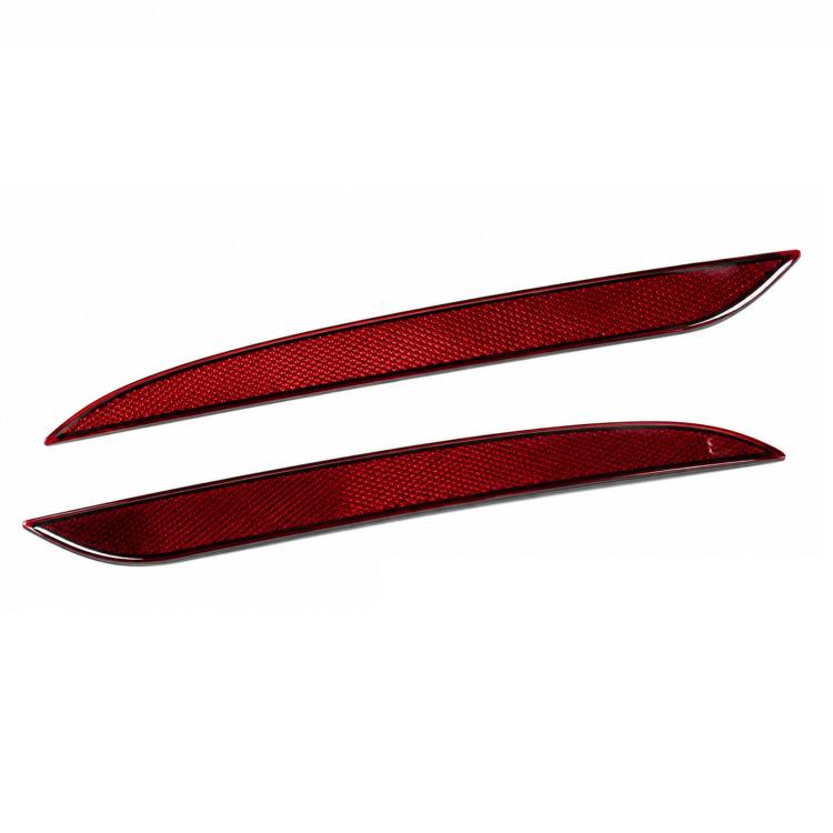 Pair of red rear bumper fog light reflector inserts with curved lens