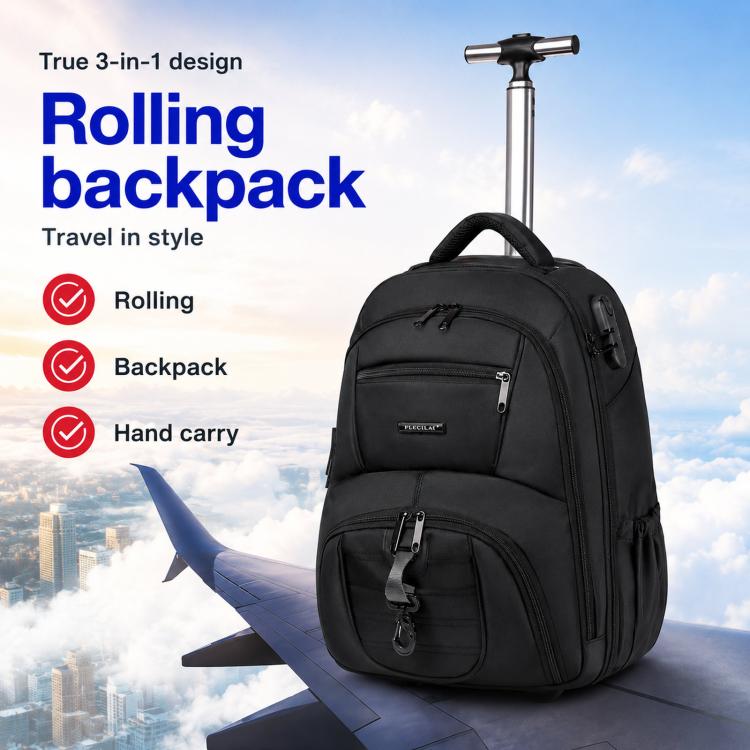 Black rolling convertible laptop backpack with top handle and retractable trolley handle