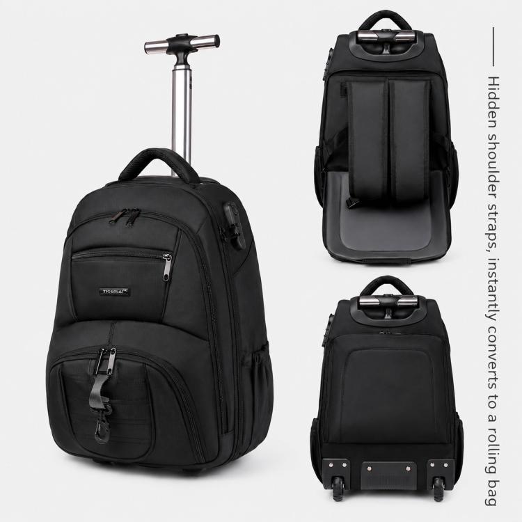 Black rolling laptop backpack shown from front, side, and back with trolley handle