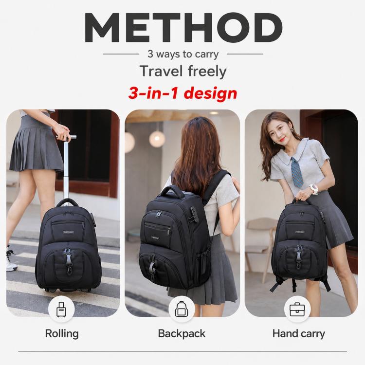 Black rolling laptop backpack with wheeled design and multiple carry straps