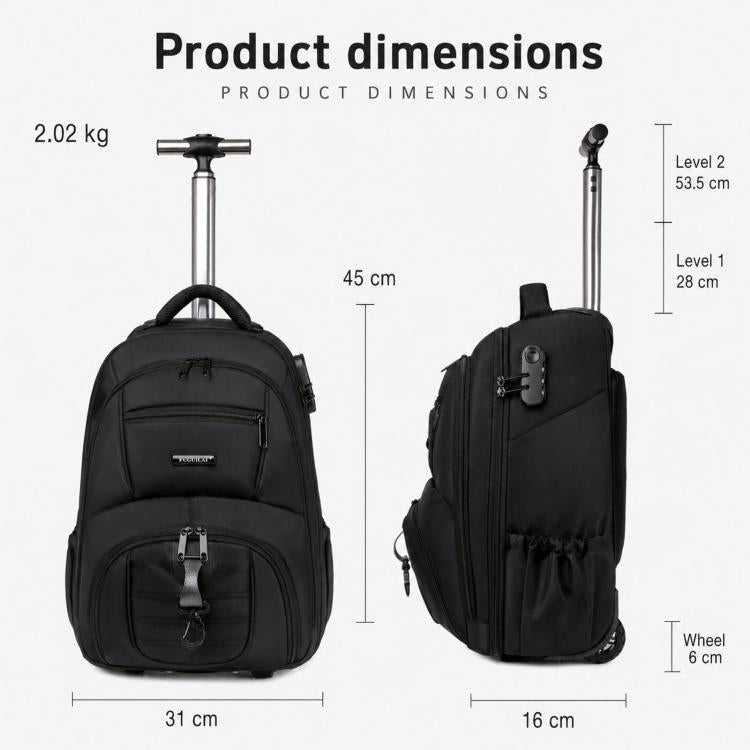 Black wheeled backpack front and back view with small wheels