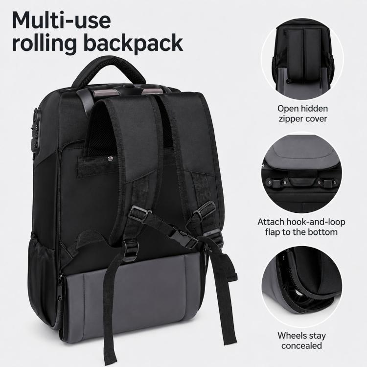 Black rolling backpack with front pocket, hidden wheel area, and adjustable shoulder straps