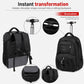 Black rolling backpack with hidden shoulder straps converting into a wheeled rolling bag
