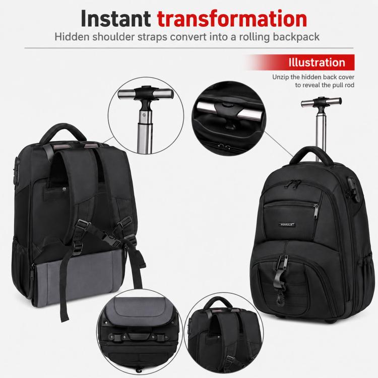 Black rolling backpack with hidden shoulder straps converting into a wheeled rolling bag