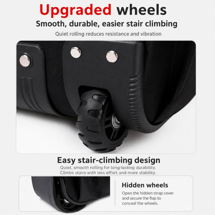 Black wheeled rolling backpack with smooth quiet wheels and stair-climbing design
