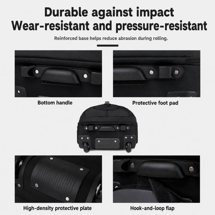 Black rolling backpack with reinforced base, protective foot pad, and hook-and-loop flap
