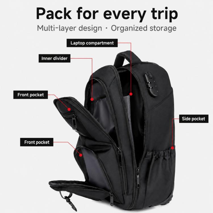 Black rolling laptop backpack with multiple compartments, inner divider, and front pocket