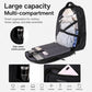 Black multi-compartment rolling backpack with open bag view and side water bottle pocket
