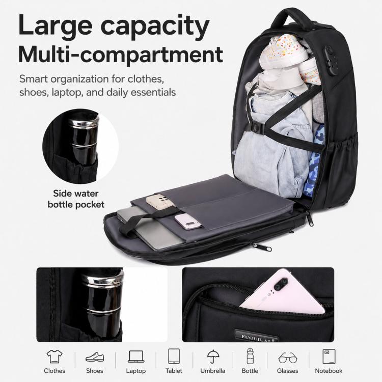 Black multi-compartment rolling backpack with open bag view and side water bottle pocket