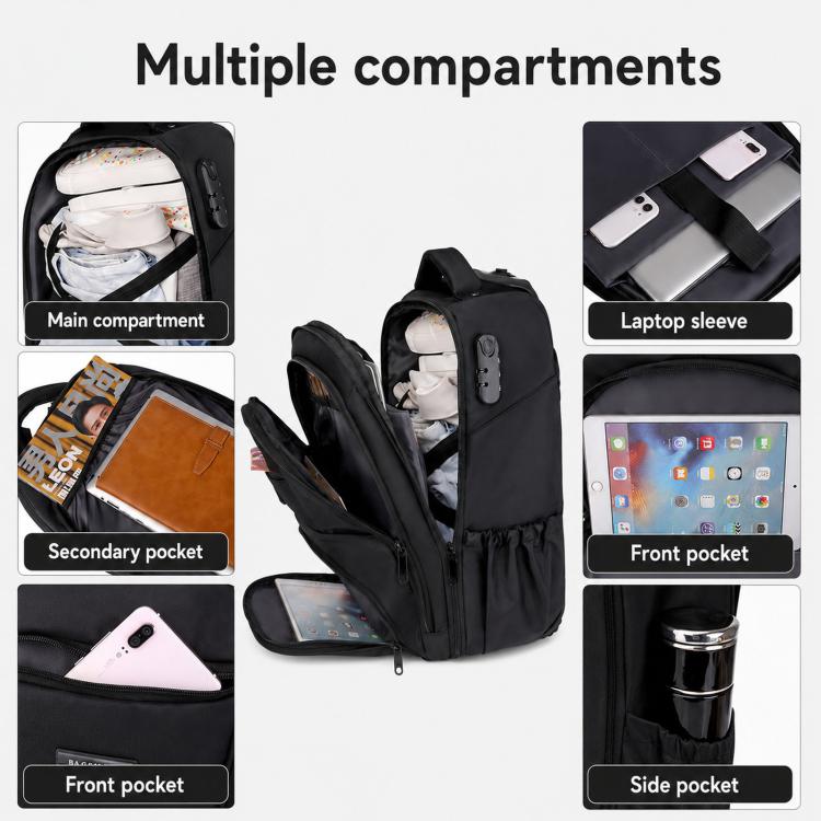 Black rolling backpack with main compartment, front pocket, laptop sleeve, and side pocket