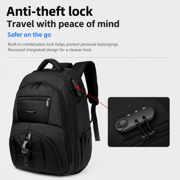 Black rolling laptop backpack with recessed combination lock and anti-theft strap