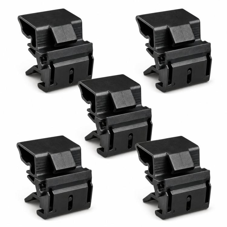 Set of five black plastic trunk storage retaining clips with latch and guide tabs