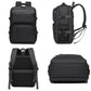 Men's black laptop backpack with zip compartments, side straps, and top carry handle