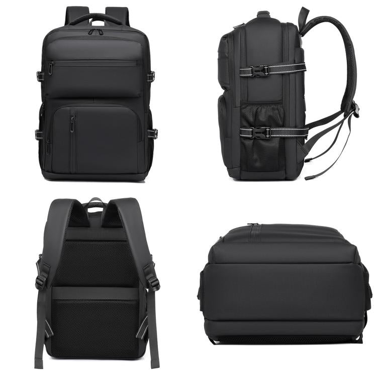 Men's black laptop backpack with zip compartments, side straps, and top carry handle