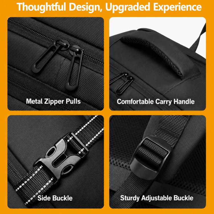 Men's black backpack detail: metal zipper pulls, carry handle, side and adjustable buckles