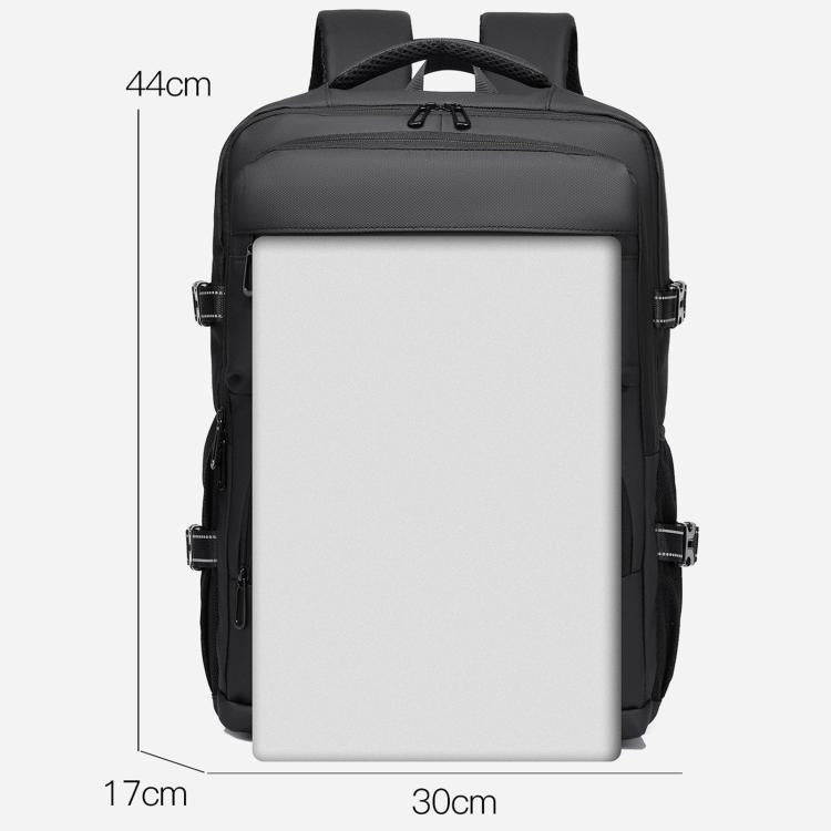 Men's black laptop backpack with front zip pocket and rectangular padded main compartment
