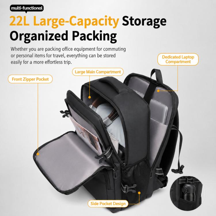 Men's black laptop backpack with open main compartment, padded laptop sleeve, and side pocket
