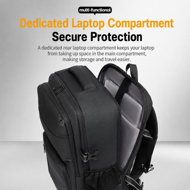 Men's black laptop backpack with dedicated rear laptop compartment and zip closure
