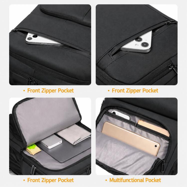 Men's black waterproof backpack with front zipper pocket and interior phone sleeve
