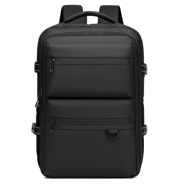 Men's black waterproof laptop backpack with top handle and front zip pockets