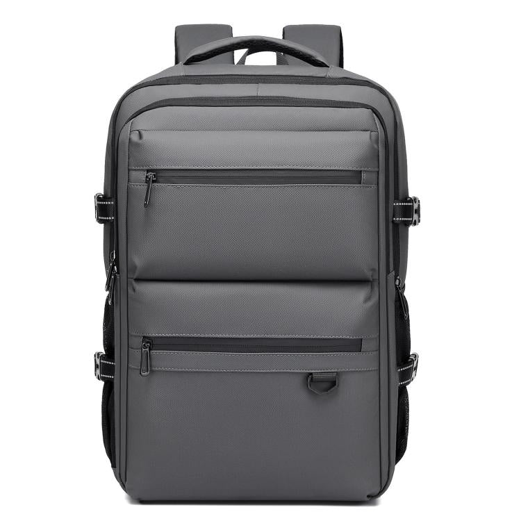 Men's gray waterproof laptop backpack with top handle and front zip compartments