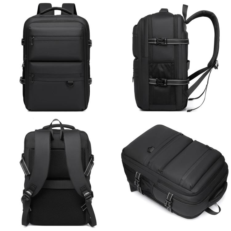 Men's black waterproof laptop backpack shown from multiple angles with shoulder straps