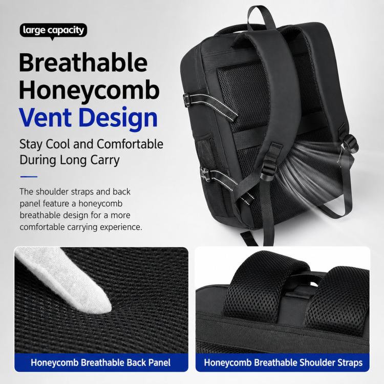 Men's black waterproof backpack with breathable mesh back panel and padded shoulder straps