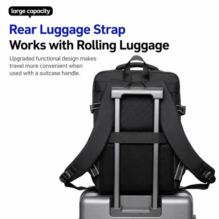 Men's black waterproof laptop backpack with rear luggage strap for rolling suitcase handle