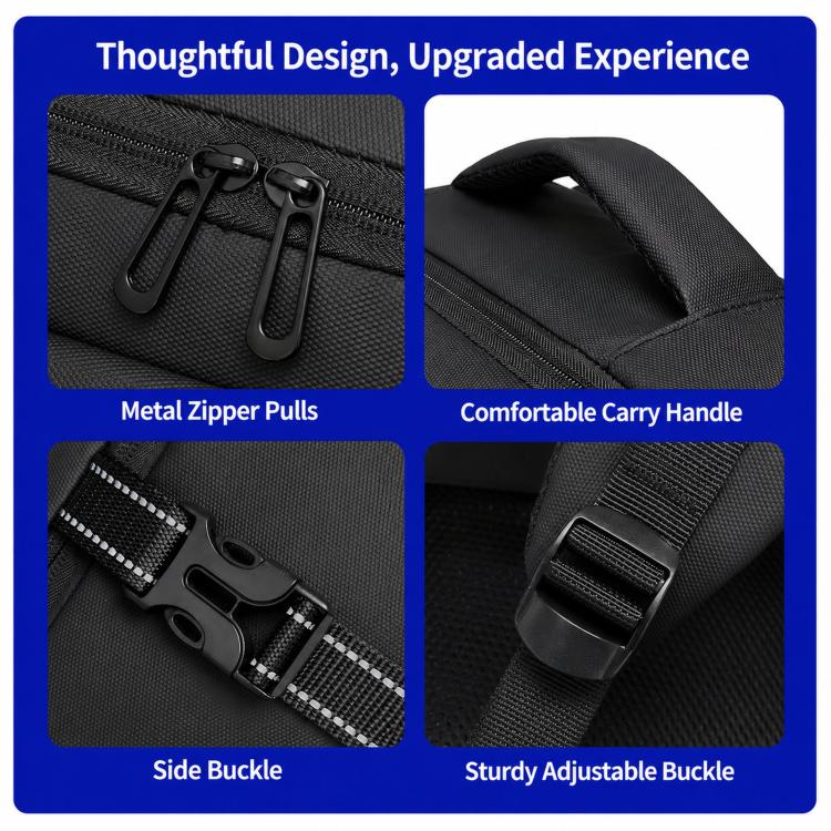 Waterproof oxford laptop backpack with metal zipper pulls, carry handle, side buckle