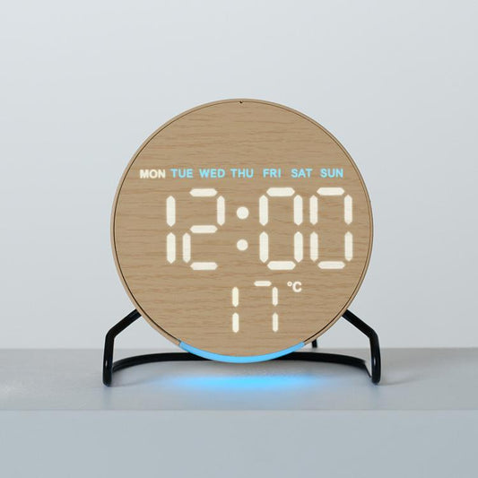 Round LED desk clock with wood finish, bright digital time and temperature on display