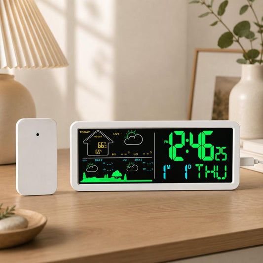 White wireless weather station clock with green LED time and forecast display, front view