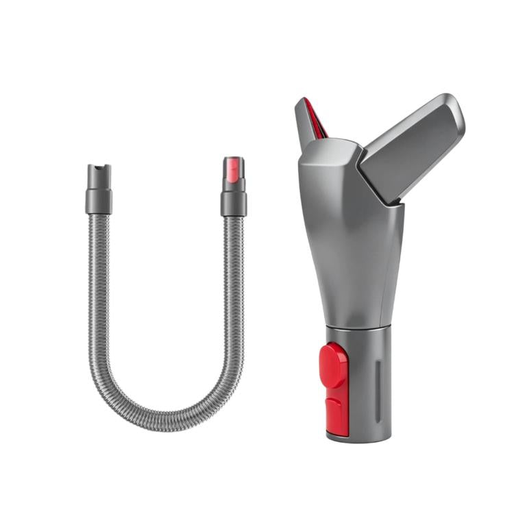 Vacuum bed dusting brush attachment with flexible hose, dark gray and red accents