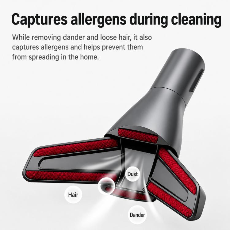Vacuum bed dusting brush with red scrubbing strips and black suction head