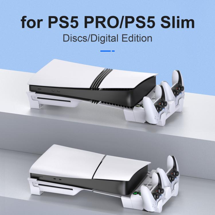 Black and white horizontal PS5 console cooling charging stand with two controller docks