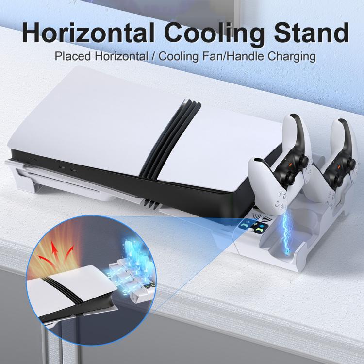 Horizontal cooling stand with two controller chargers and airflow on console dock