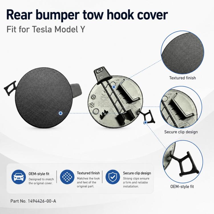 Rear bumper tow hook cover with textured finish and secure clip design