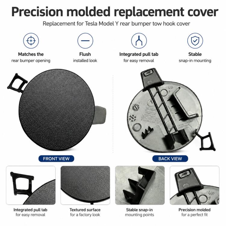 Precision-molded rear bumper tow hook cover with integrated pull tab and snap-in points