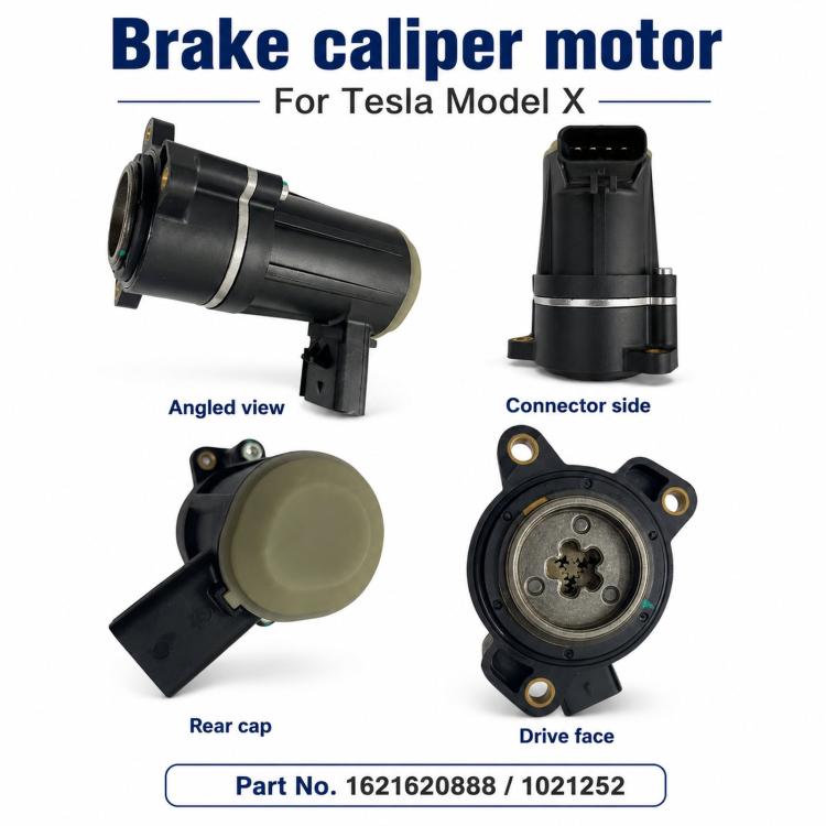 Brake caliper motor assembly shown from angled and connector sides, black housing