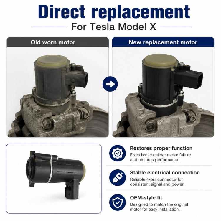 Replacement brake caliper motor with black housing and rear cap on mounting base