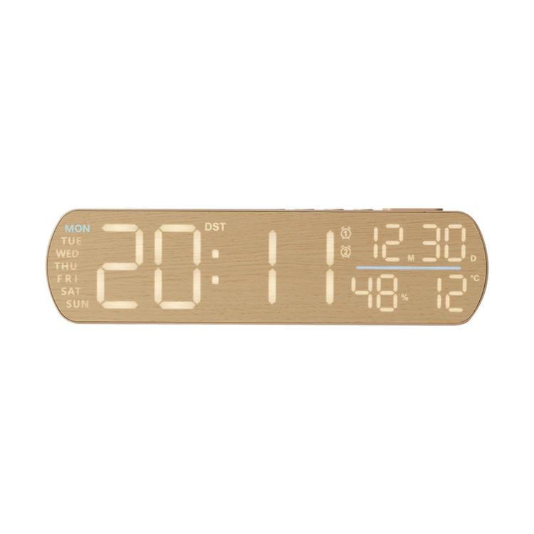 Wood-grain LED digital alarm clock with day-of-week labels and temperature readout